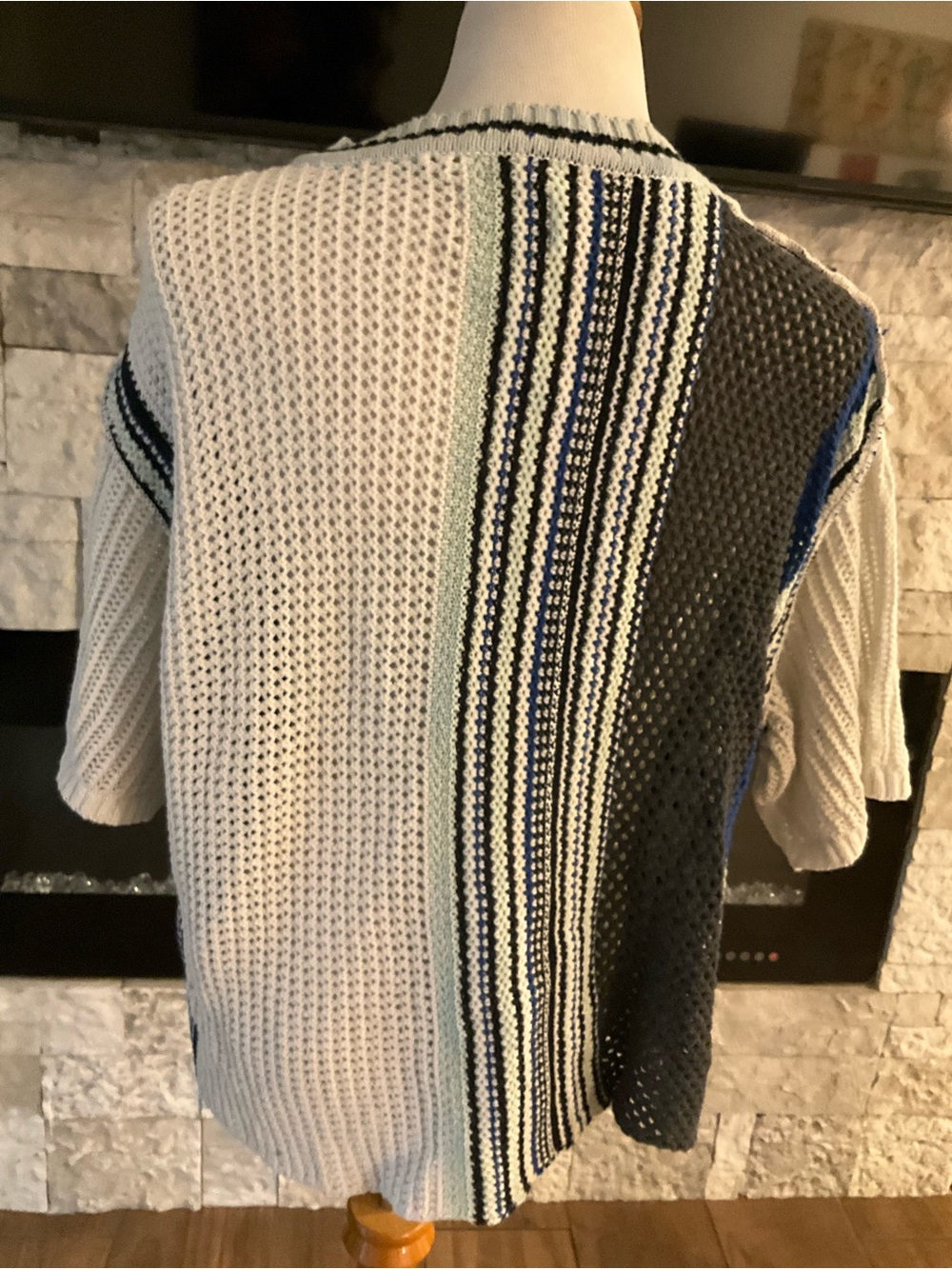 BDG Cream V-Neck Sweater with Blue and Gray Stripes - Picture 3 of 5